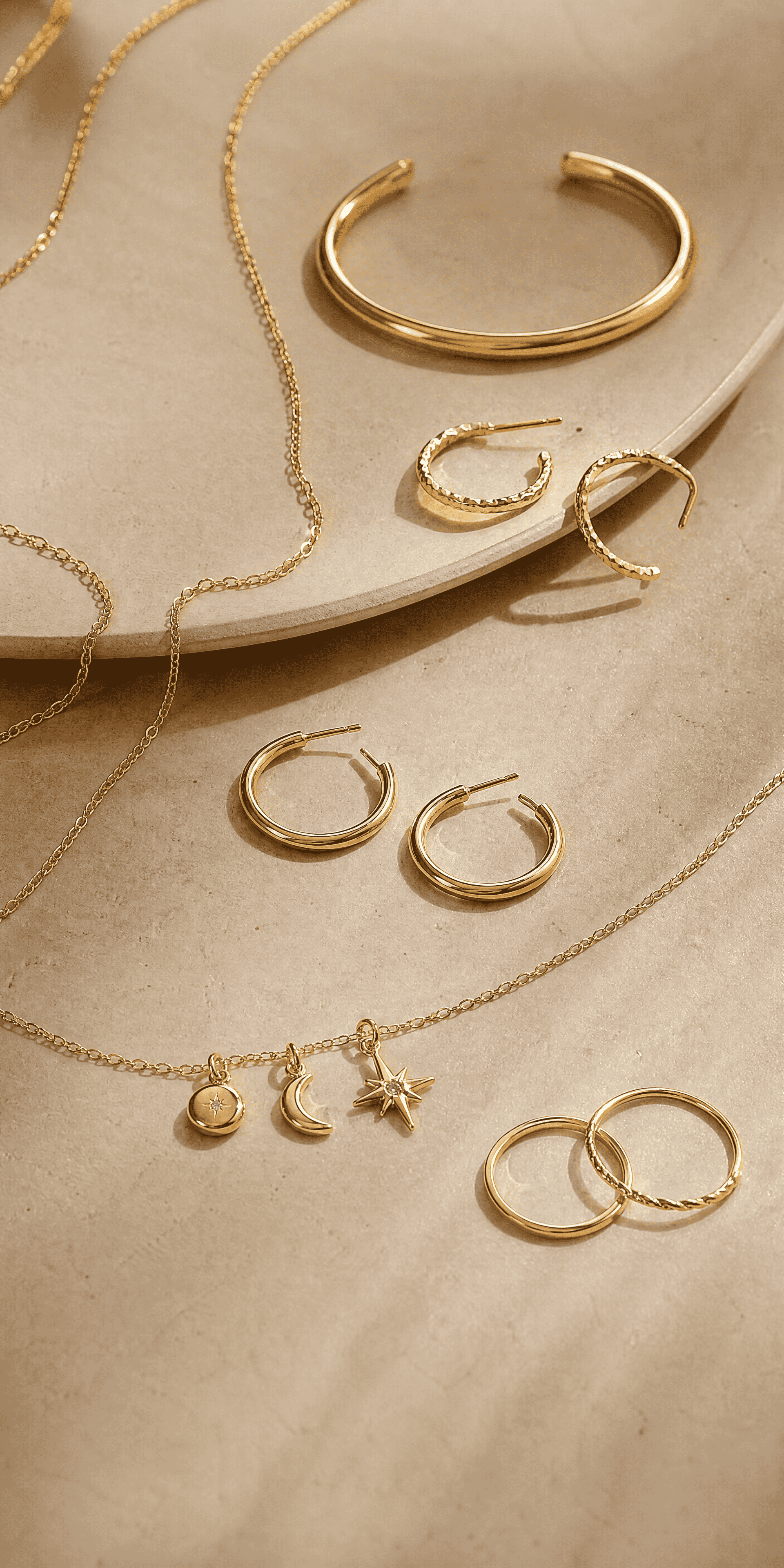 14k gold-filled hoops, chains, and bangle on stone tray