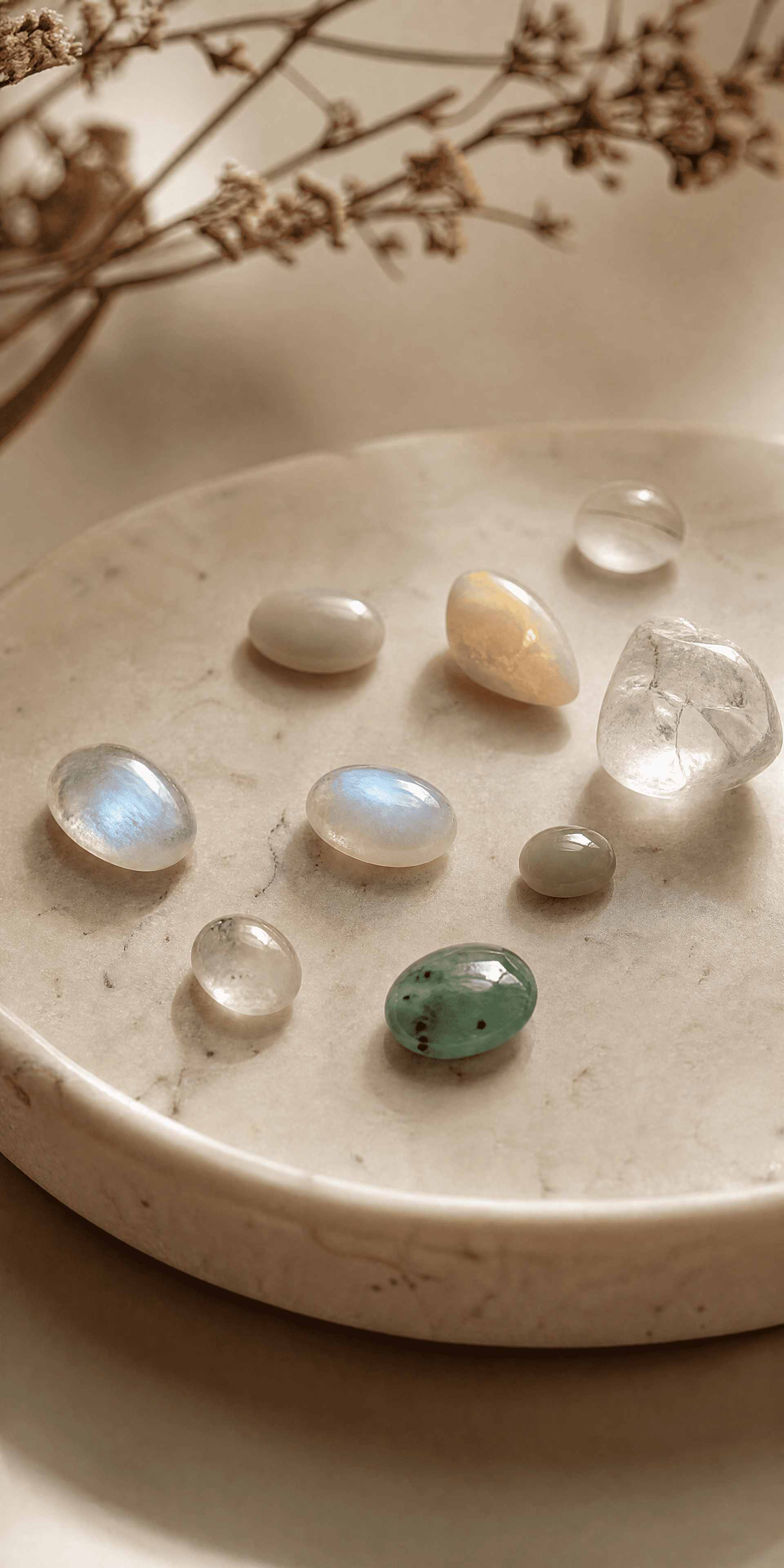 Real semi-precious stones — moonstone, opal, jade, quartz